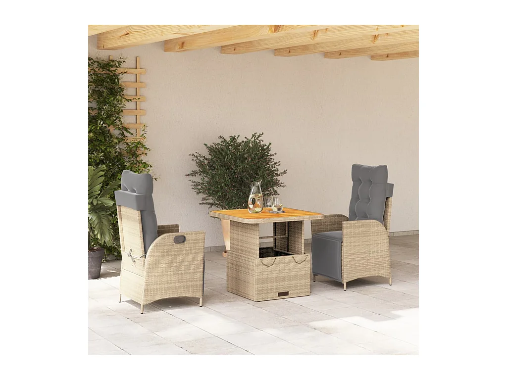3 pcs conjunto de jantar p/ jardim com almofadões vime PE bege PT101278