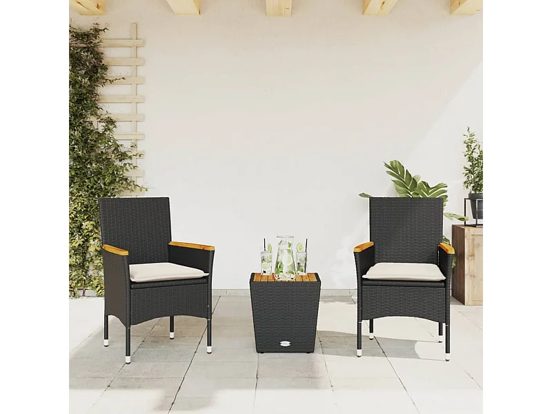 Ensemble de bistro avec coussins 3pcs noir résine tressée verre FR23323