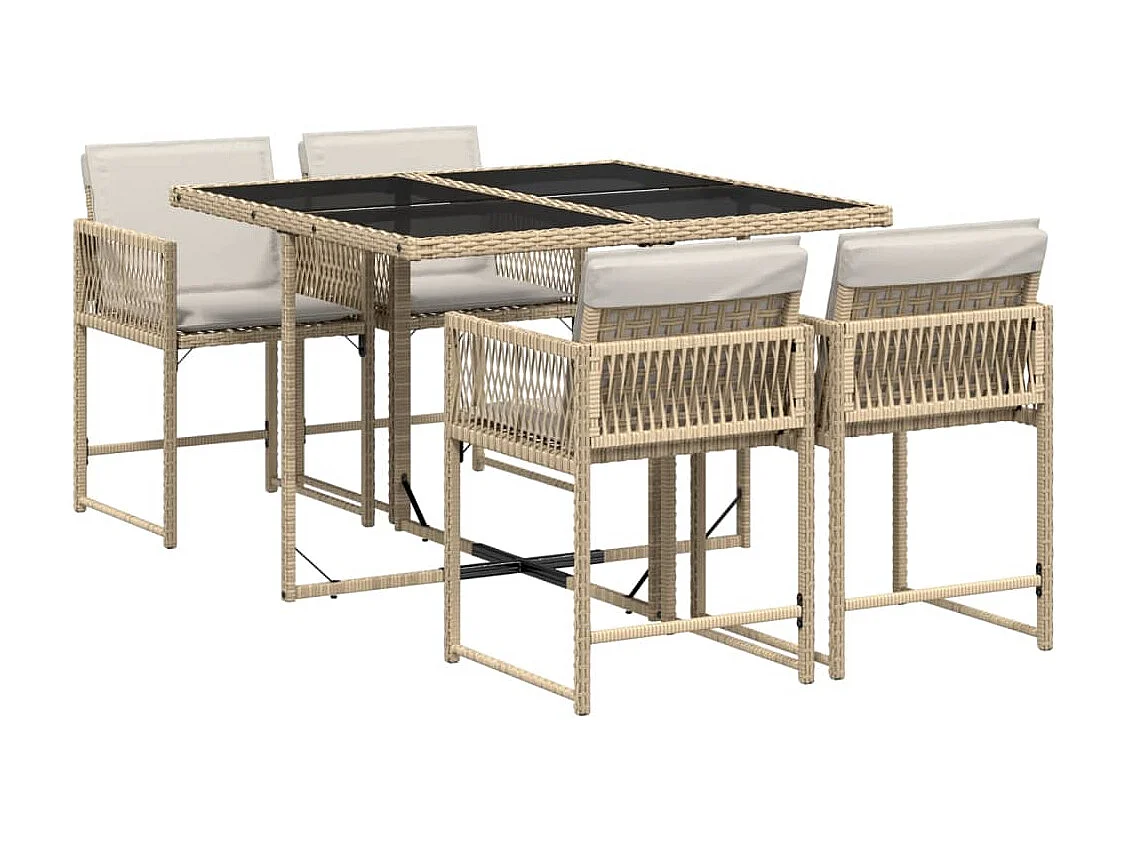 5 pcs conjunto de jantar p/ jardim com almofadões vime PE bege PT465307