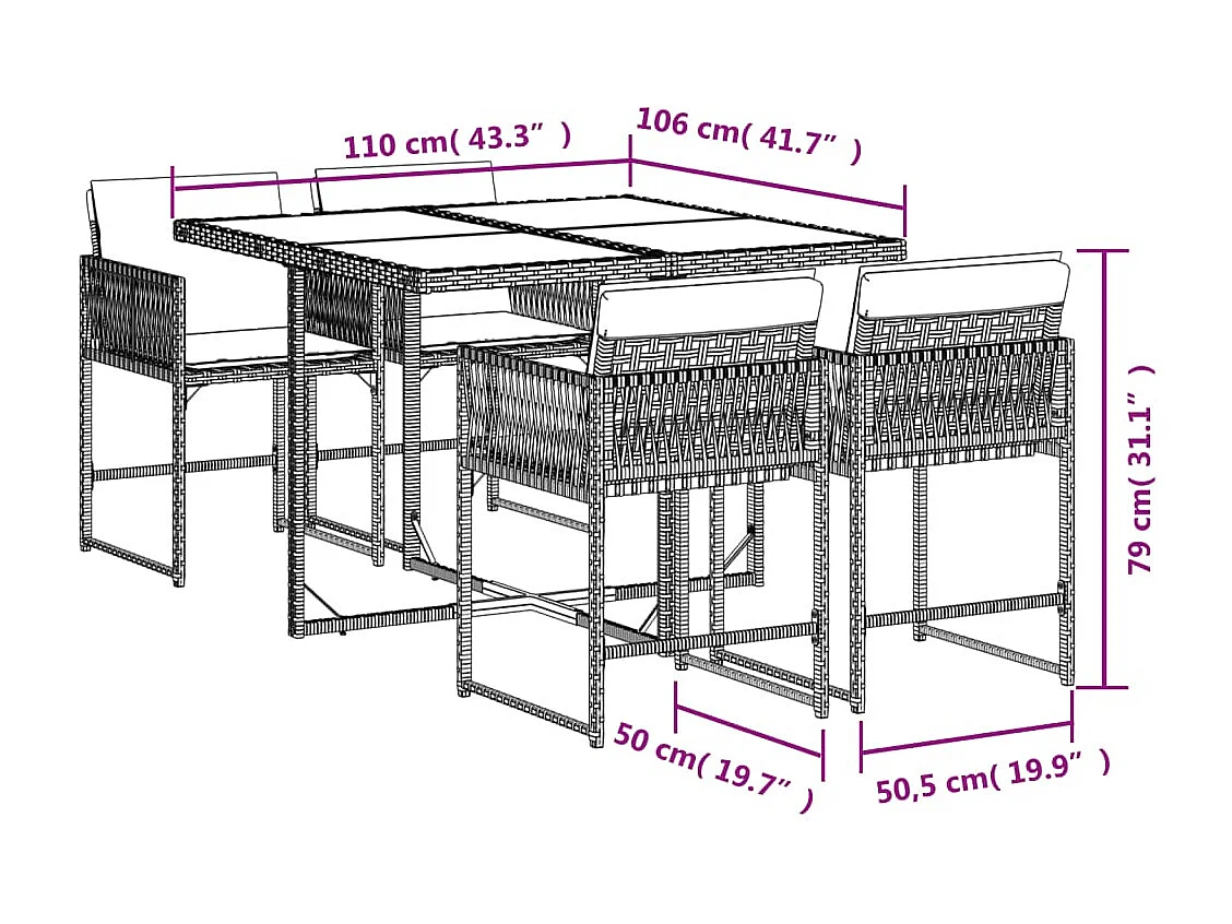 5 pcs conjunto de jantar p/ jardim com almofadões vime PE bege PT465307