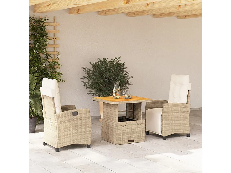 3 pcs conjunto de jantar p/ jardim com almofadões vime PE bege PT222610