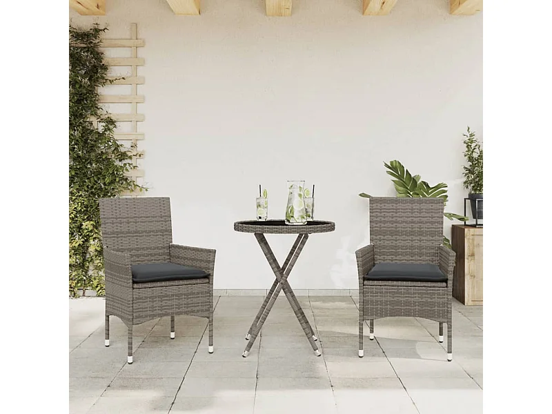 Ensemble de bistro avec coussins 3 pcs gris rotin et verre FR11088