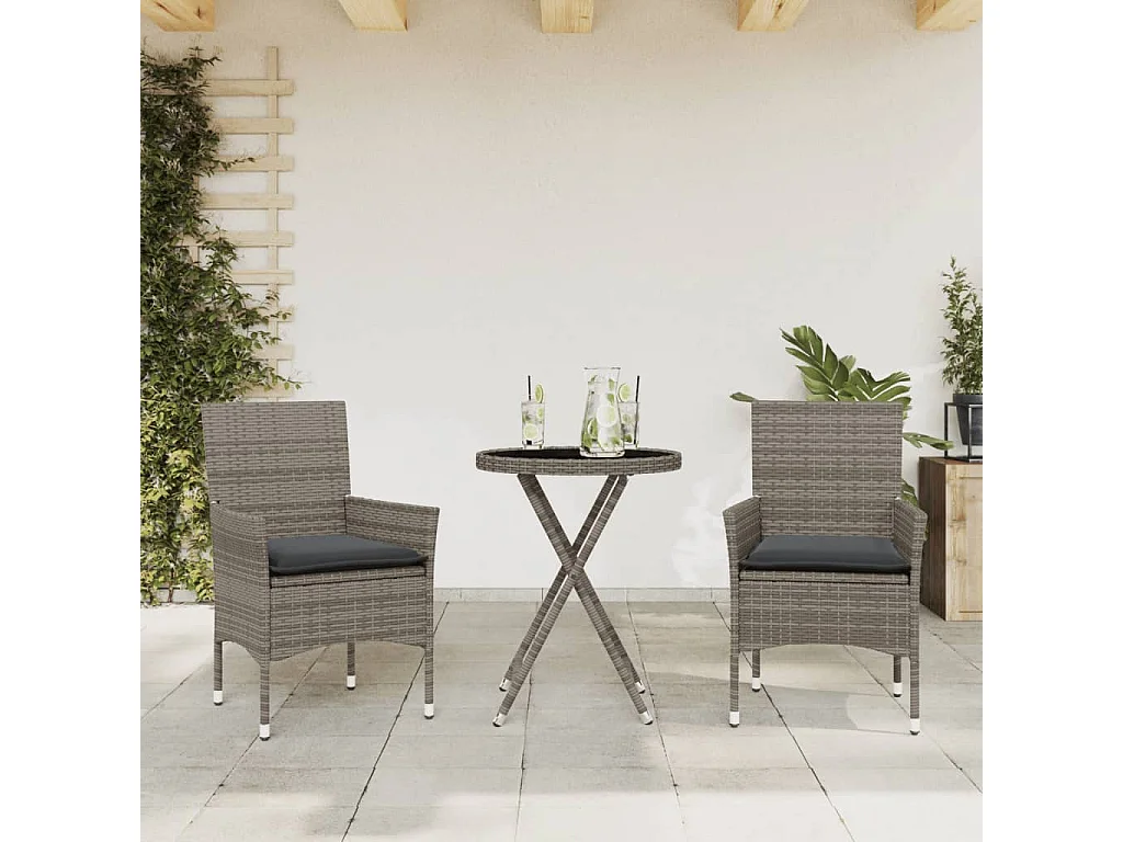 Ensemble de bistro avec coussins 3 pcs gris rotin et verre FR11088