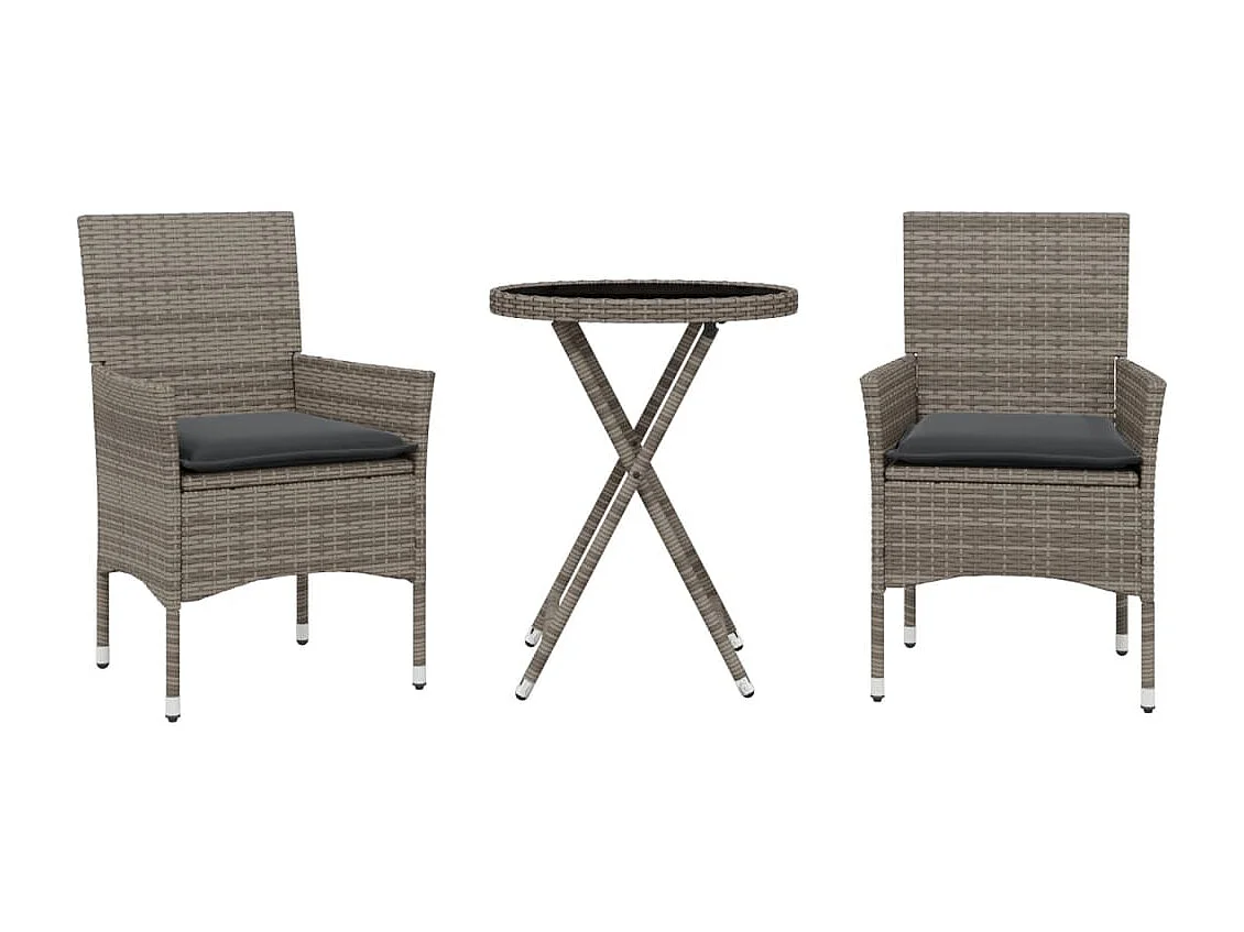 3 pcs conjunto de bistrô com almofadões vime PE/vidro cinza PT580728