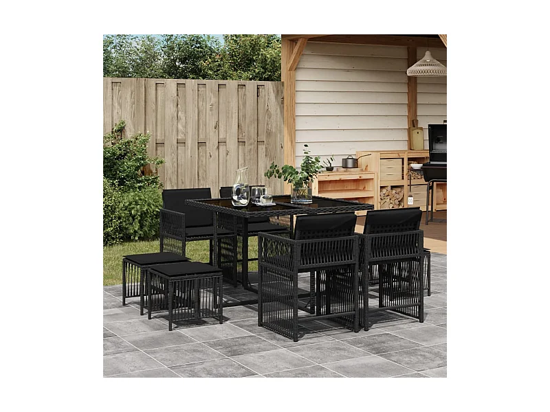 Set de comedor de jardín 9 pzas y cojines ratán sintético negro ES363065