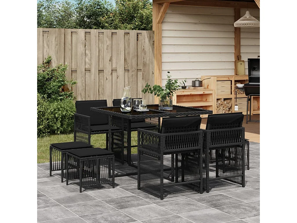 Set de comedor de jardín 9 pzas y cojines ratán sintético negro ES363065