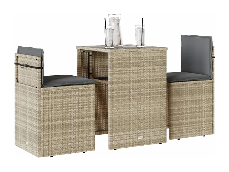 3 pcs conjunto bistrô com almofadões vime PE cinzento claro PT270899