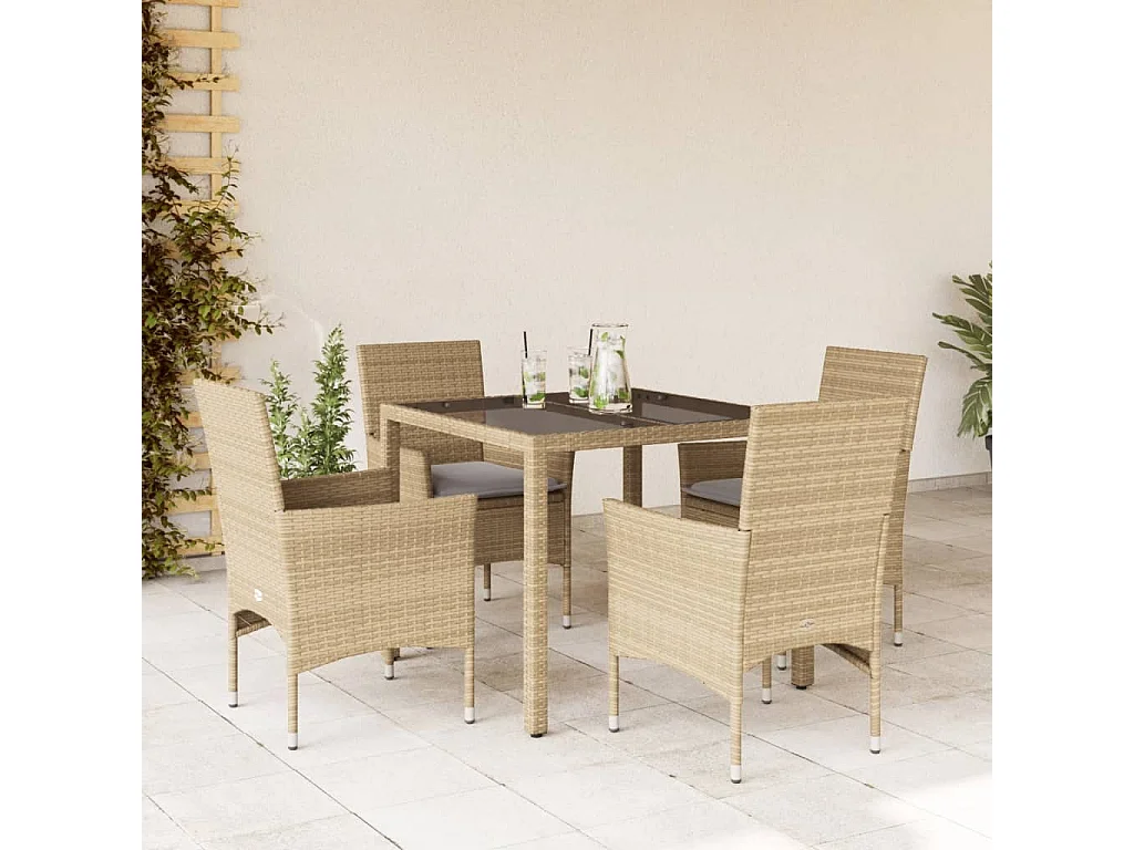 5 pcs conjunto jantar jardim com almofadões vime PE/vidro bege PT775327