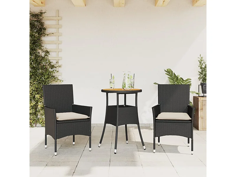 Ensemble à manger de jardin et coussins 3 pcs noir rotin acacia FR97802