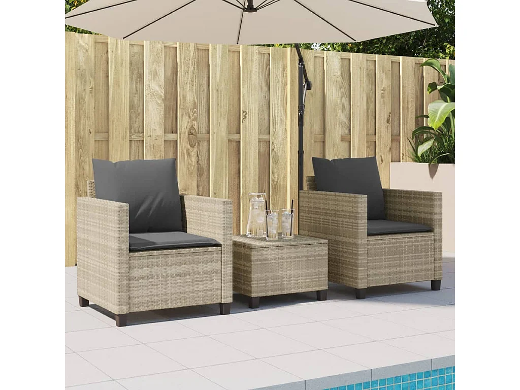 Ensemble de bistro 3 pcs et coussins gris clair résine tressée FR77538