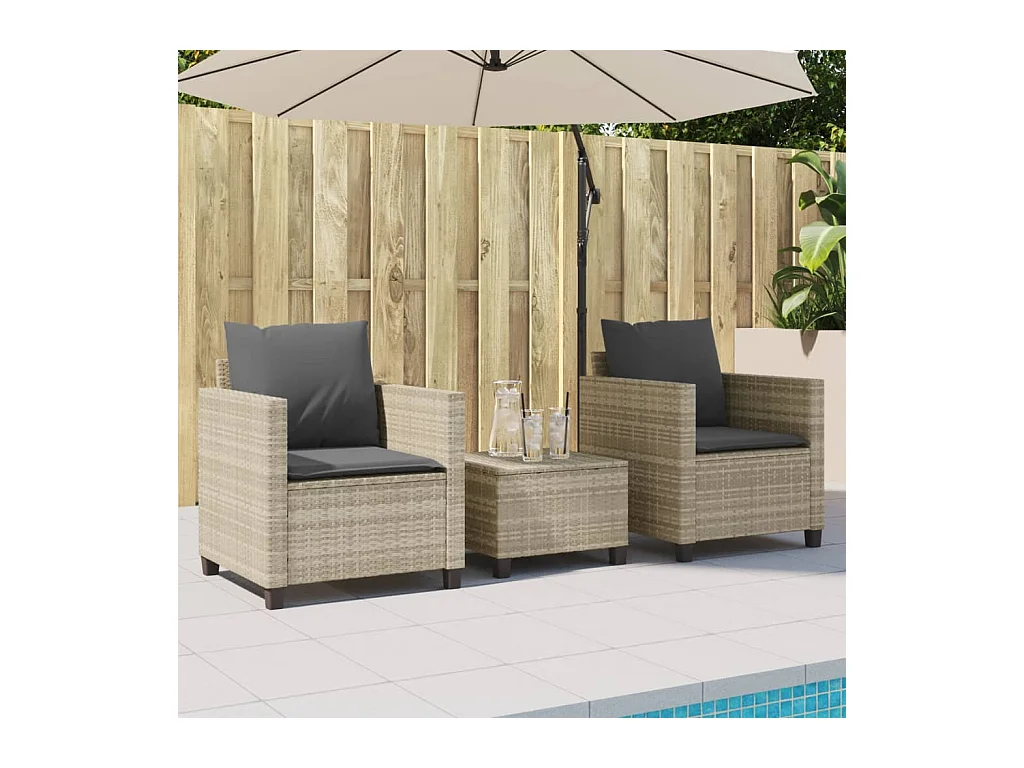 3 pcs conjunto bistrô com almofadões vime PE cinzento claro PT158469
