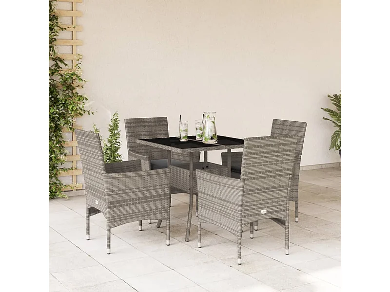 Set comedor jardín 5 pzas y cojines ratán sintético vidrio gris ES789316
