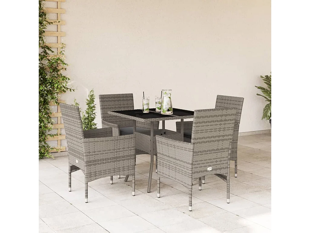 Set comedor jardín 5 pzas y cojines ratán sintético vidrio gris ES789316