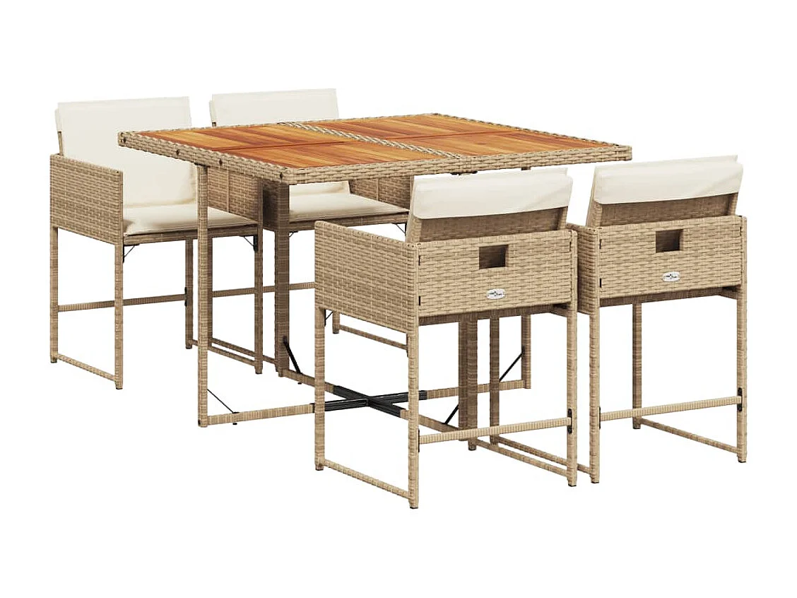 5 pcs conjunto de jantar p/ jardim com almofadões vime PE bege PT767821