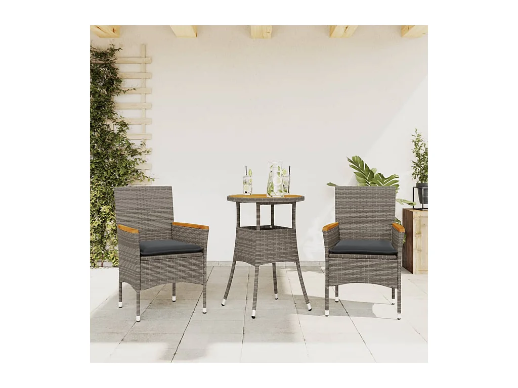 3 pcs conjunto jantar jardim c/ almofadões vime PE/acácia cinza PT615194