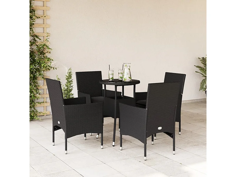Ensemble à manger de jardin et coussins 5 pcs noir rotin verre FR83320