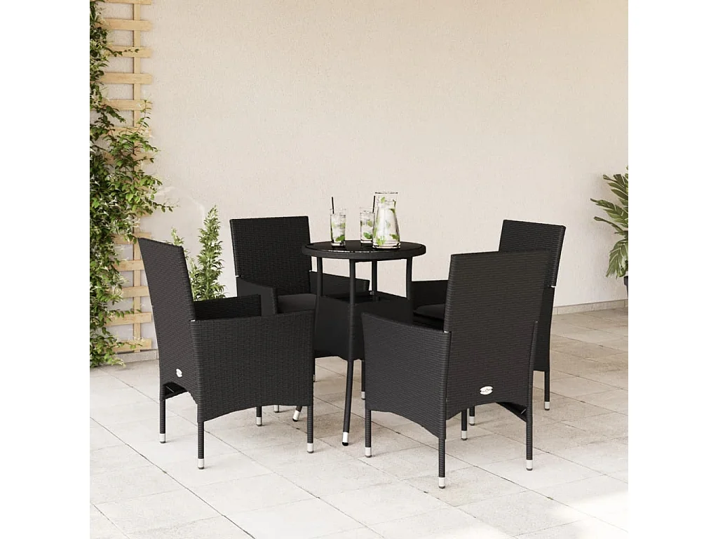 Ensemble à manger de jardin et coussins 5 pcs noir rotin verre FR83320