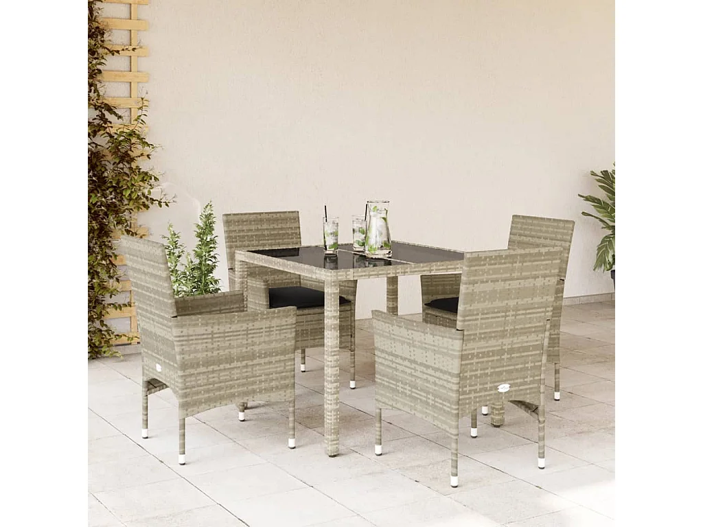Set comedor jardín 5 pzas y cojines ratán PE vidrio gris claro ES279859