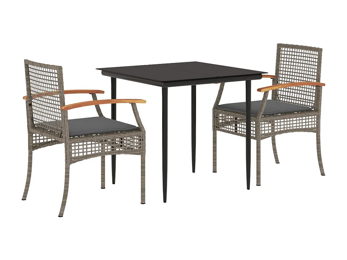 3 pcs conjunto de jantar p/ jardim c/ almofadões vime PE cinza PT912347