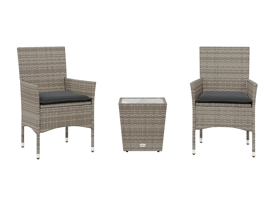 Ensemble de bistro avec coussins 3 pcs gris rotin et verre FR70930