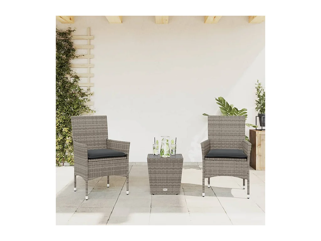 Ensemble de bistro avec coussins 3 pcs gris rotin et verre FR70930