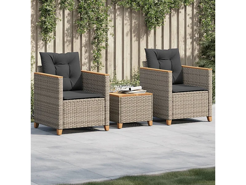 Conjunto de bistrô com almofadões 3 pcs vime PE e acácia cinza PT929203