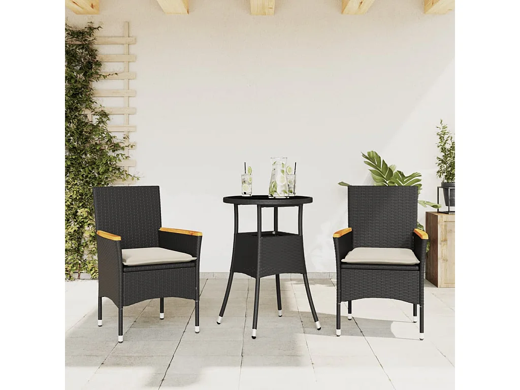 Ensemble à manger de jardin et coussins 3 pcs noir rotin verre FR23565