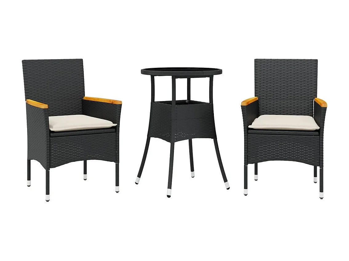 Ensemble à manger de jardin et coussins 3 pcs noir rotin verre FR23565