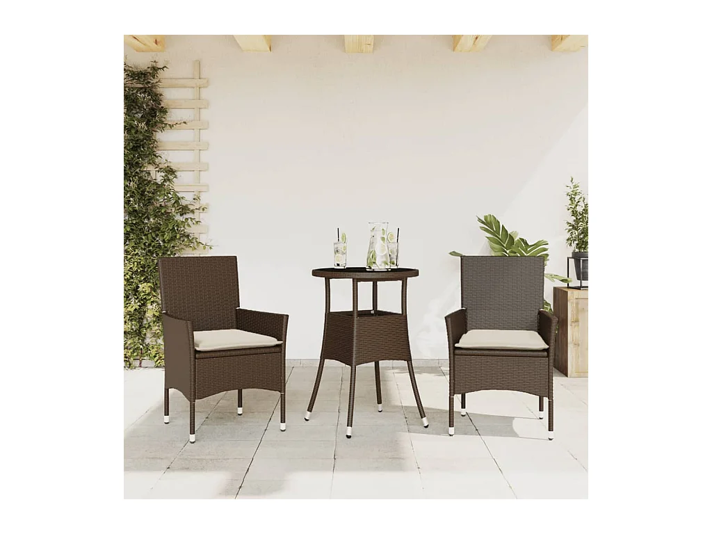 Ensemble à manger de jardin et coussins 3pcs marron rotin verre FR48875