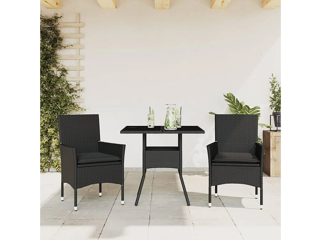 3-delige Tuinset met kussens poly rattan en glas zwart BE839011