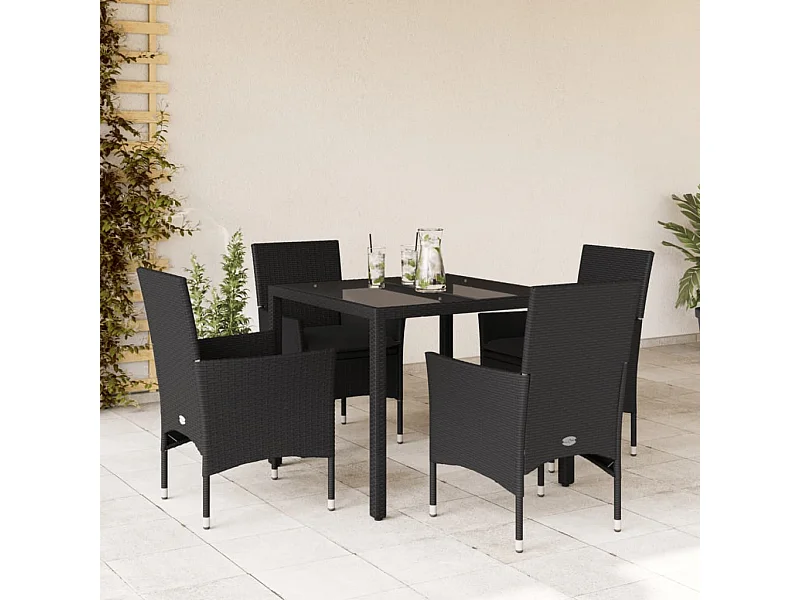 Ensemble à manger de jardin et coussins 5 pcs noir rotin verre FR16580