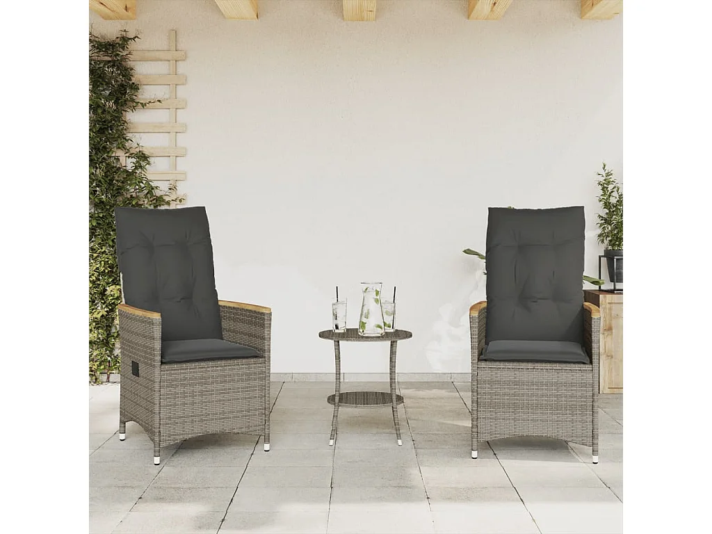 3 pcs conjunto bistrô com almofadões vime PE cinza PT204927