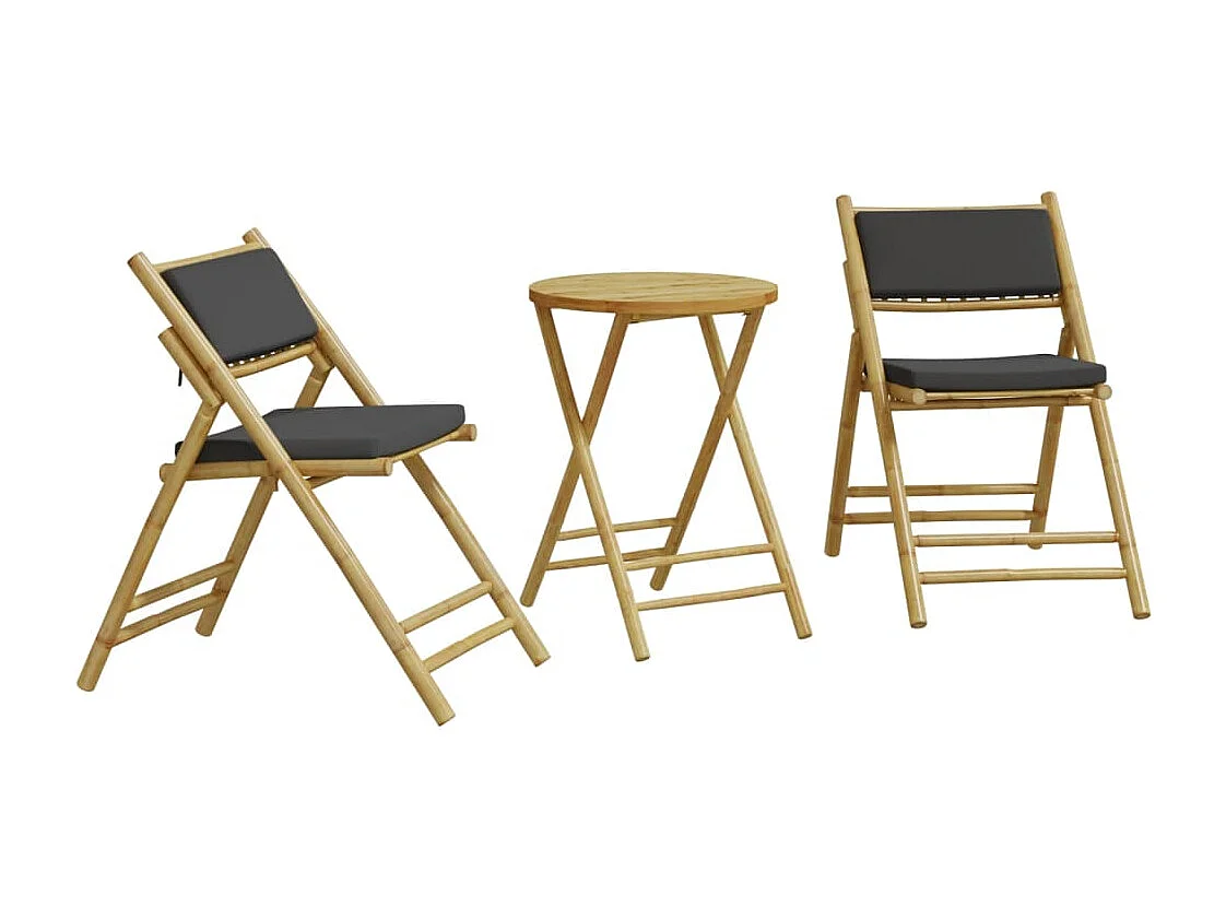 3-delige Bistroset inklapbaar met kussens bamboe donkergrijs BE781245