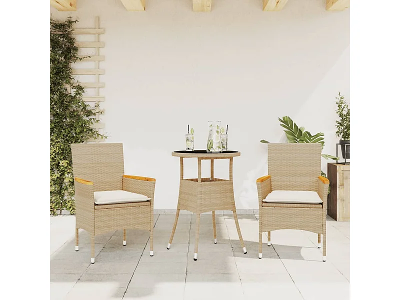 Ensemble à manger de jardin et coussins 3 pcs beige rotin verre FR32565