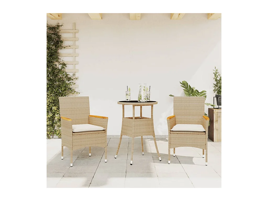 Ensemble à manger de jardin et coussins 3 pcs beige rotin verre FR32565
