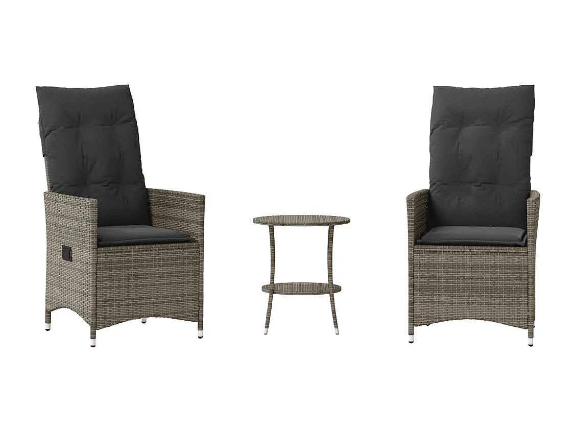 3 pcs conjunto bistrô com almofadões vime PE cinza PT933764