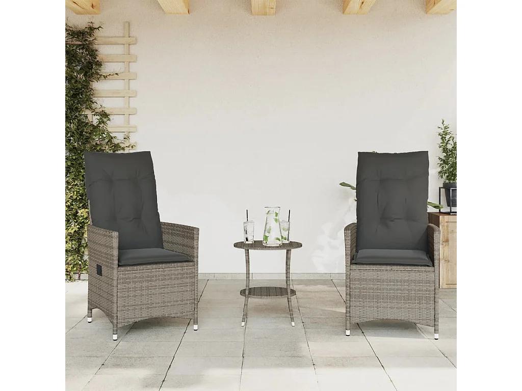 3 pcs conjunto bistrô com almofadões vime PE cinza PT933764