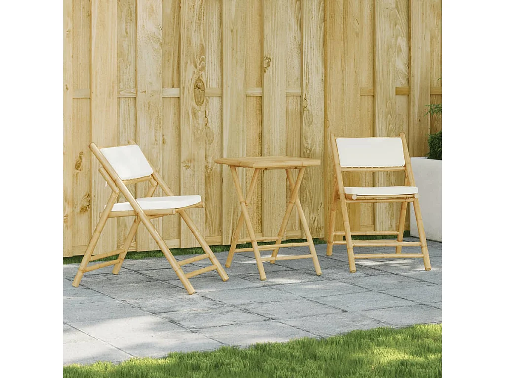 Ensemble de bistro pliante 3 pcs et coussins blanc crème bambou FR83271