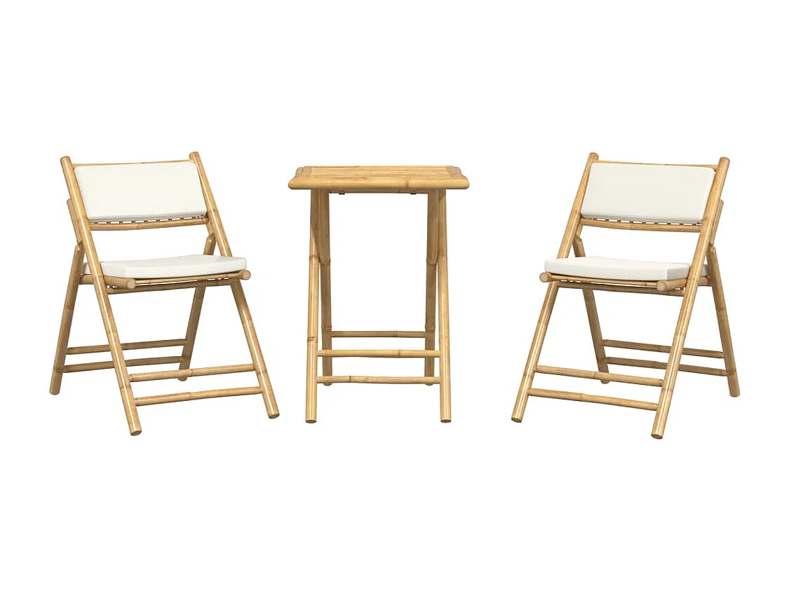 Ensemble de bistro pliante 3 pcs et coussins blanc crème bambou FR83271