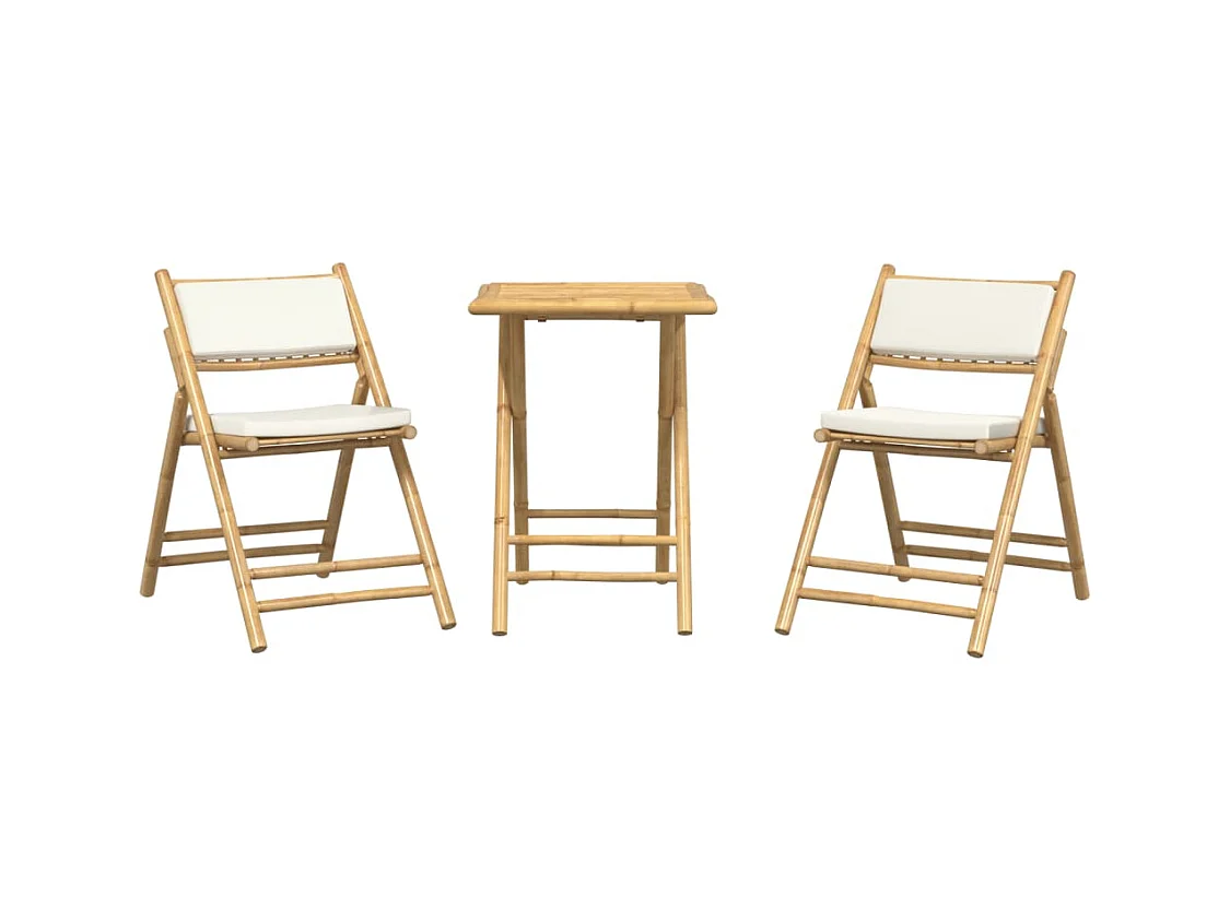 Juego bistró plegable de bambú 3 pzas con cojines blanco crema ES712808