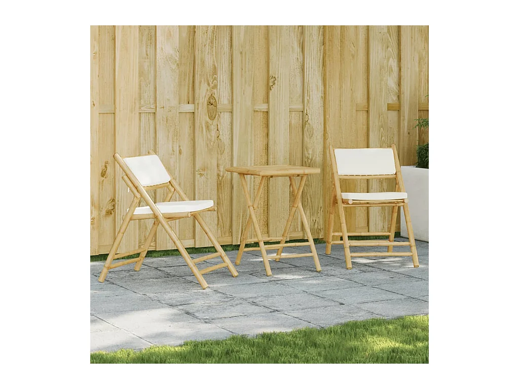 Juego bistró plegable de bambú 3 pzas con cojines blanco crema ES712808