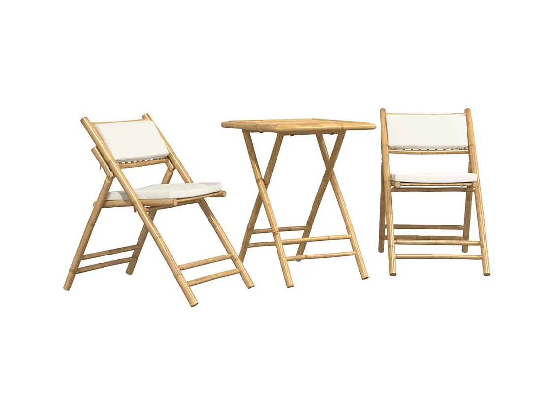 Juego bistró plegable de bambú 3 pzas con cojines blanco crema ES712808