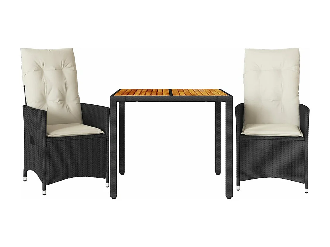 Ensemble de bistro 3 pcs et coussins noir résine tressée acacia FR65586