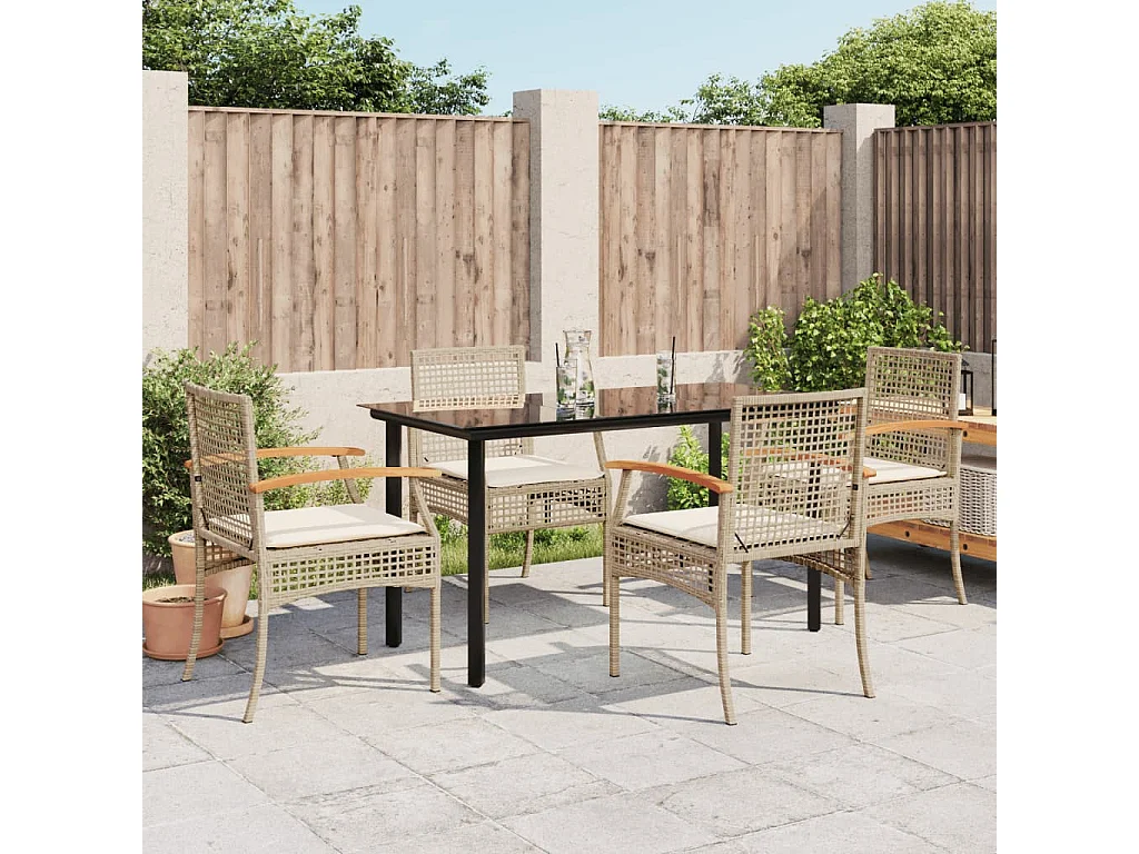 5 pcs conjunto de jantar p/ jardim com almofadões vime PE bege PT609535