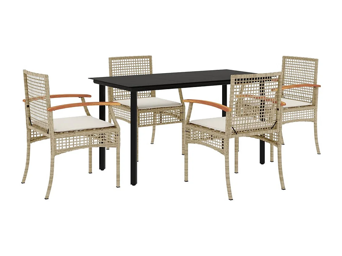 5 pcs conjunto de jantar p/ jardim com almofadões vime PE bege PT609535