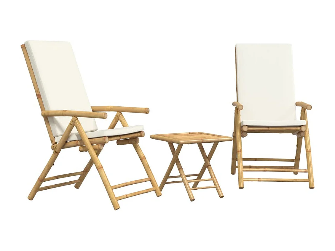 Ensemble de bistro pliante 3 pcs et coussins blanc crème bambou FR94374