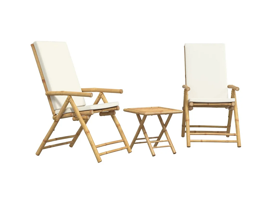 Juego bistró plegable de bambú 3 pzas con cojines blanco crema ES204753
