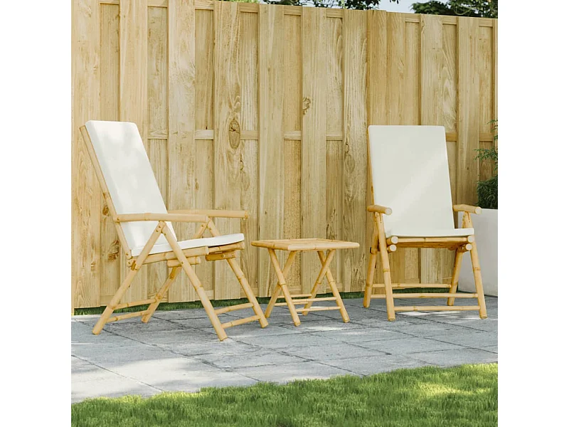 Ensemble de bistro pliante 3 pcs et coussins blanc crème bambou FR94374