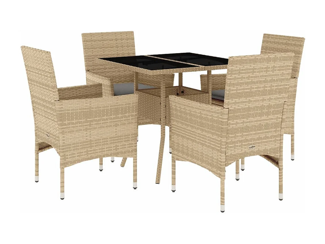 5 pcs conjunto jantar jardim com almofadões vime PE/vidro bege PT487840