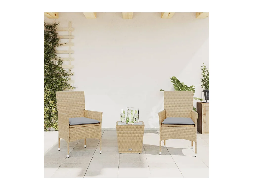 Ensemble de bistro avec coussins 3 pcs beige rotin et verre FR99174